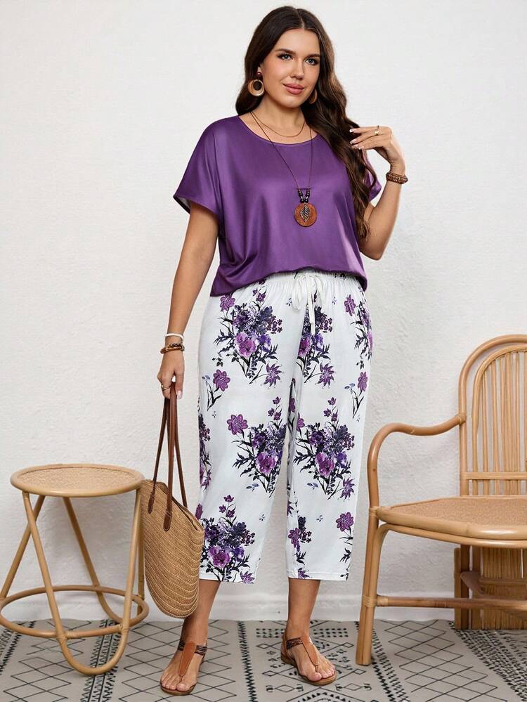 Women's Plus Size Satin Round Neck Short Sleeve T-Shirt And Floral Print Drawstring Waist Pants Set,Summer Outfits,Vacation Outfits Women Going Out Ou