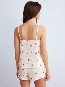 Elorette Damen Schlafanzug Set, geripptes Strickgewebe, Schmetterlings-Muster Kontrastspitze, süß & sexy Trägerhemd und Shorts - Weiss - Übersicht 4
