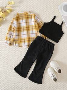 SHEIN Playful Pals 3件組女嬰時尚休閒套裝：格紋長袖襯衫 + 吊帶短版背心 + 喇叭牛仔褲 - 黃色 - 查看 2