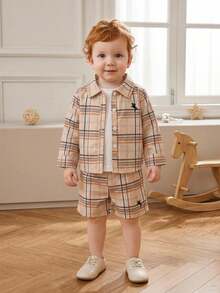 Souflis Souflis 3pcs/Set Baby Boys Casual Fashion Print Pattern Button Long Sleeve Shirt, Round Neck Sleeveless Vest And Shorts Set Suitable For Spring/Summer Vacation, Sports, College, Party And Photography Baby Boys Set Baby Boy Summer Outfit Toddler Boy Clothes Summer Sets Baby Boy Casual Set Summer Wear For Boys - Multicolor - View 5