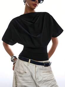 LYSMO Atasan Wanita Lengan Pendek Model Batwing Berlipit Warna Polos yang Membentuk Pinggang - Hitam - View 6