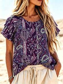 Linhara Plus Size Women's Vacation Style Cashew Flower Ruffle Sleeve Shirt, Summer - Violet Purple - View 1