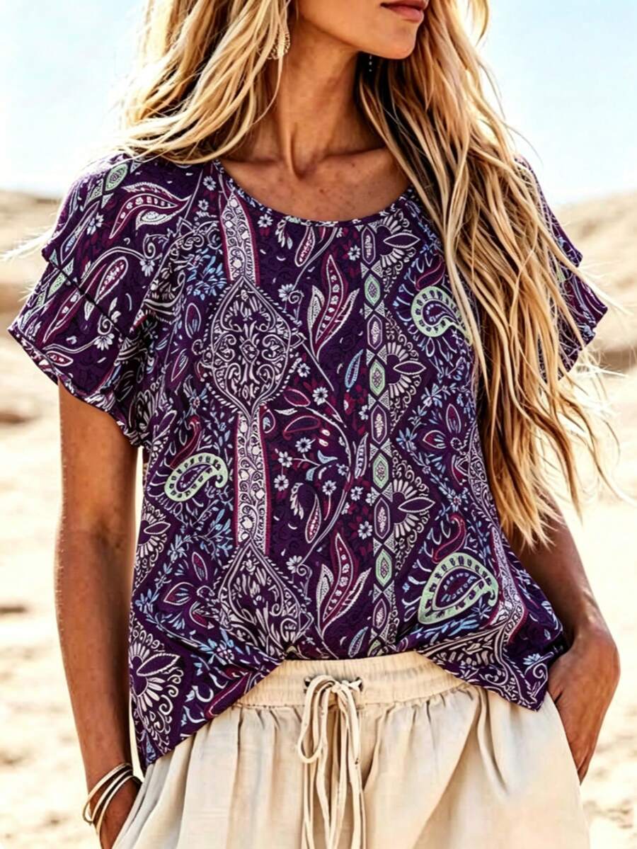 Linhara Plus Size Women's Vacation Style Cashew Flower Ruffle Sleeve Shirt, Summer - Violet Purple - View 1