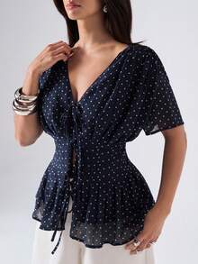 LYSMO Women's Polka Dot Pattern Front Tie Ruffle Hem Shirt - Navy Blue - View 5