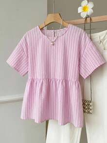 SHEIN EZwear 夏季多巴胺粉色條紋編織女款襯衫上衣，適合日常通勤、約會、聚會、秋冬/夏季、聖誕節、新年、感恩節、派對、婚禮、海灘、畢業典禮、時尚、優雅、休閒、通勤、亮面、情人節、優雅、度假、畢業典禮及其他場合 - 粉色 - 查看 5