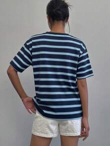 DAZY 女款休閒運動夏季上衣，拼色條紋寬鬆短袖圓領T恤，圖案印花T恤 - 藍色 - 查看 2