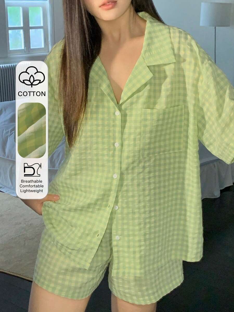 Dazy Plus Plus Size Women Plaid Ruched Texture Loose Top And Shorts Pajama Set, Cute Summer Sleepwear - Mint Green - View 1