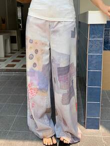 Dazy Plus 韩版时尚印花渐变街头风宽松百搭休闲大码女式牛仔裤，适合所有季节 - 杏色 - 查看 4