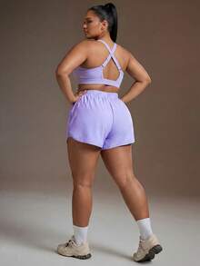 Powerista Plus Size Women Solid Color Camisole Top And Elastic Waist Shorts Casual Daily Sports Set - Purple - View 2
