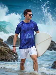 ZELFYO Men's Tie-Dye Pattern Raglan Sleeve Short Sleeve Crew Neck Swim Shirt Sun Protection - Royal Blue - View 3