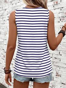 SHEIN LUNE Women's Striped Round Neck Casual Versatile Tank Top - Blue - View 2