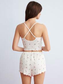 Elorette Romantic-Flora White Jacquard Sleeveless Pajama Set With Floral Print And Spaghetti Straps For Women Summer Two Pieces Set 2 Pieces Short Sets Woman Floral Two Pieces Set Summer Pajamas Set Women Lounge Set  Cozy And Elegant Details - White - View 3