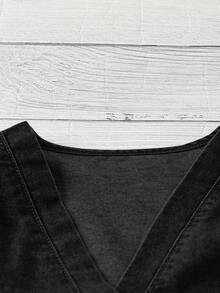 SHEIN LUNE 女款V領鈕扣休閒百搭日常牛仔上衣 - 黑色 - 查看 5