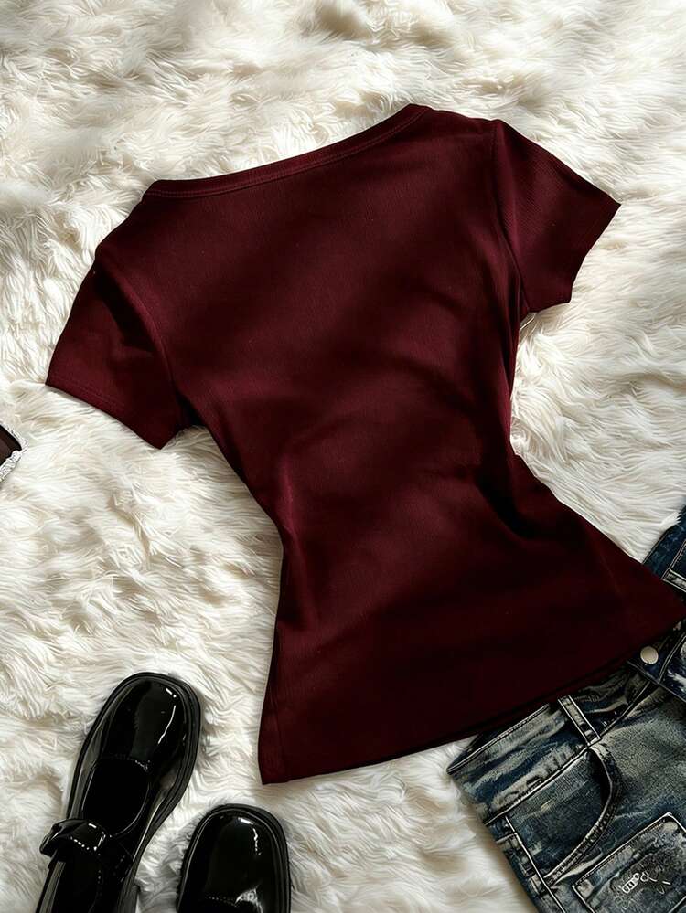 SHEIN Summer Casual Color Block Lace Trim Women's Short Sleeve T