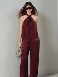 MOTF PREMIUM TENCEL LYOCELL KNOT DETAIL SLEEVELESS HALTER NECK WOMEN'S TOP - Coffee Brown - View 3