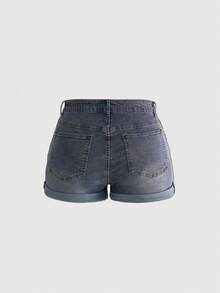 ROMWE Grunge Punk Y2K Vintage Star & Moon Embroidered Plus Size Denim Roll-Up Shorts - Blue - View 2