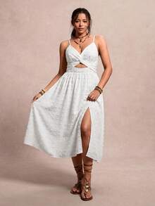 SHEIN VCAY Plus Size Women Textured Ruched Cutout Slit Front Cami Dress For Vacation - White - View 6