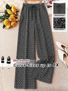 SHEIN CURVE+ 大尺碼休閒全身印花寬腿長褲 - 黑色 - 查看 1