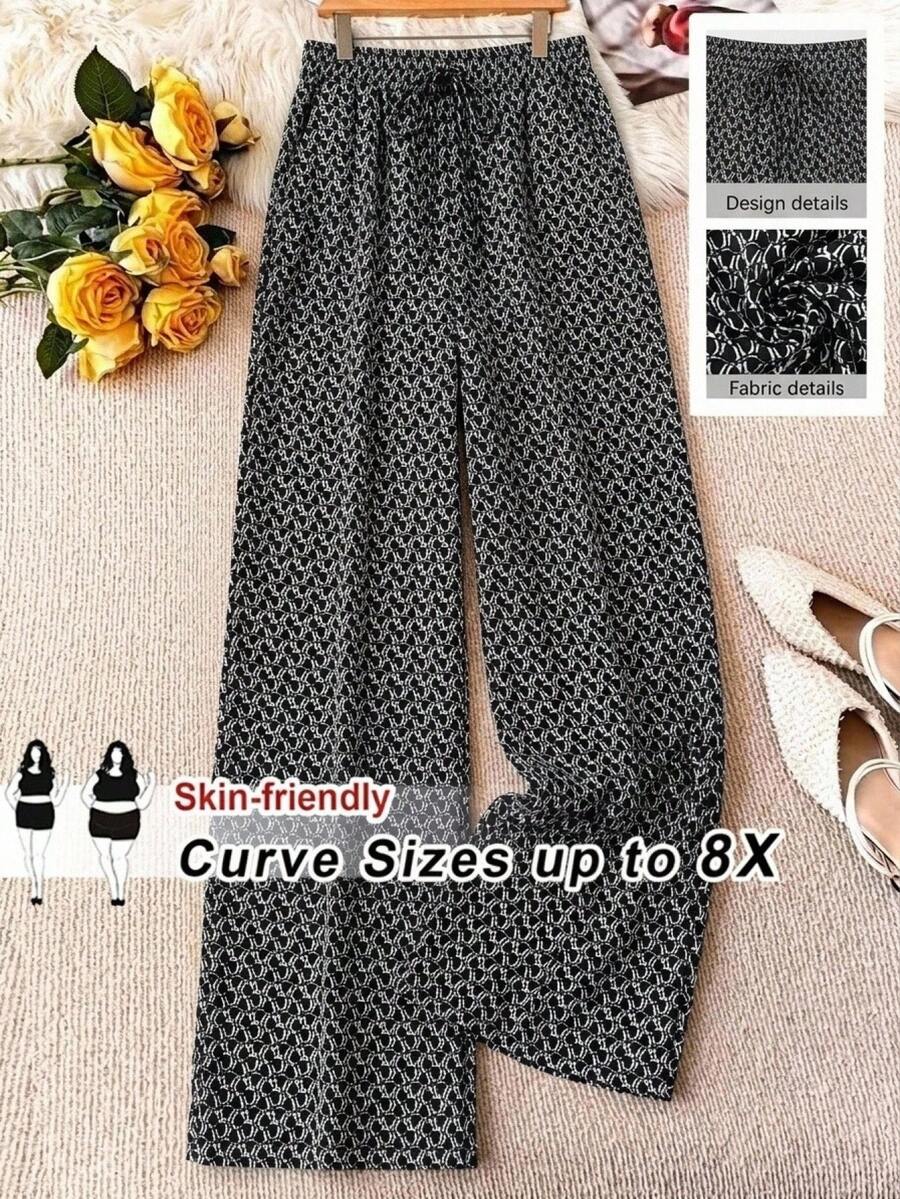 SHEIN CURVE+ 大尺碼休閒全身印花寬腿長褲 - 黑色 - 查看 1