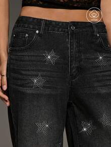 BAD SUNDAY Women's Elegant 90s Hot Girl Rhinestone Star-Shaped Wide Leg Loose Denim Jeans Versatile Commute School Y2k Night Out Concert Black And Silver Summer - Black - View 5