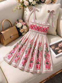 GlowEve CURVE Plus Size Women's Popular Floral Print Pattern Spring/Summer Bow Shoulder Strap Dress - Multicolor - View 2