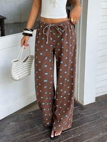 Sunnyshic Women's Polka Dot Decor Straight Leg Loose Fit Pants - Coffee Brown - View 6