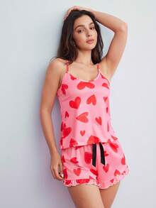 Elorette Women's Heart Pattern Camisole Top And Shorts Pajama Set Holiday Season - Red - View 6