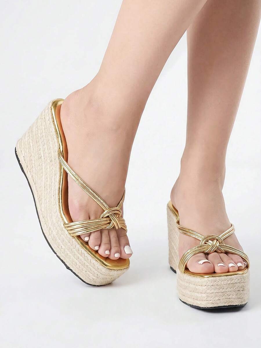 ROMWE Fairycore Ladies' Fashionable Summer Simple Wedge Sandals - Gold - View 1