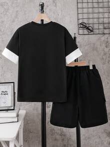 2pcs Boys' Simple Casual Colorblock Knit Crew Neck Pullover T-Shirt And Woven Loose Straight Leg Shorts Set, Fashionable Fit, Comfortable Fabric, Suitable For Spring, Summer And Autumn, Versatile For Multiple Occasions - Multicolor - View 2