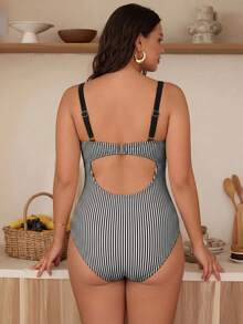 Swim Chiccia Plus Size Women's Vertical Stripe Print Vacation Beach One-Piece Swimsuit - Multicolor - View 2