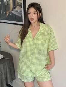 Dazy Plus Plus Size Women Plaid Ruched Texture Loose Top And Shorts Pajama Set, Cute Summer Sleepwear - Mint Green - View 4