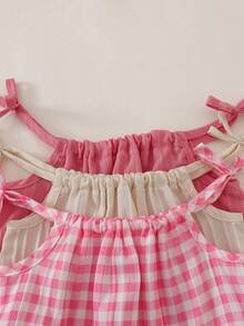 SHEIN Playful Pals 3 件套女童夏季连衣裙套装，包括纯色和条纹吊带裙，带蝴蝶结装饰，适合日常休闲穿着 - 彩色 - 查看 5