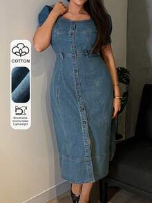 Dazy Plus Dark Wash Blue Square Neck Puff Sleeve Fitted Maxi Denim Dress, Spring/Summer - Dusty Blue - View 1