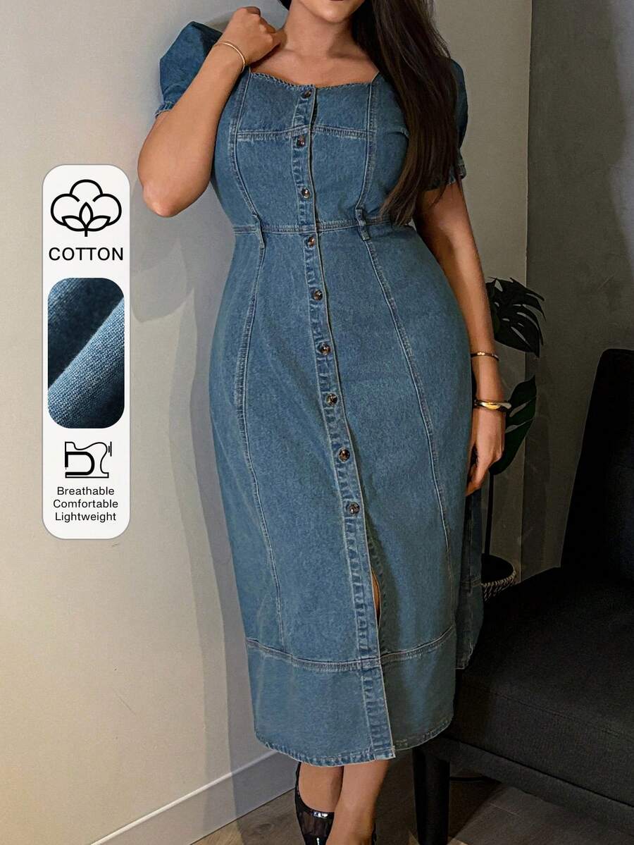 Dazy Plus Dark Wash Blue Square Neck Puff Sleeve Fitted Maxi Denim Dress, Spring/Summer - Dusty Blue - View 1