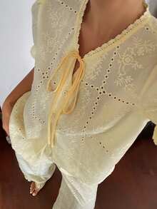 DAZY Women's Hollow Embroidery Front Lace-Up Short Sleeve Top And Pants Pajama Set - Yellow - View 11