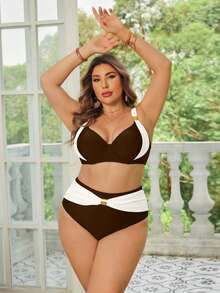 SHEIN Swim Curve 大尺碼女款夏季海灘雙色比基尼套裝，附鋼圈罩杯，兩件式泳衣套裝 - 彩色 - 查看 5