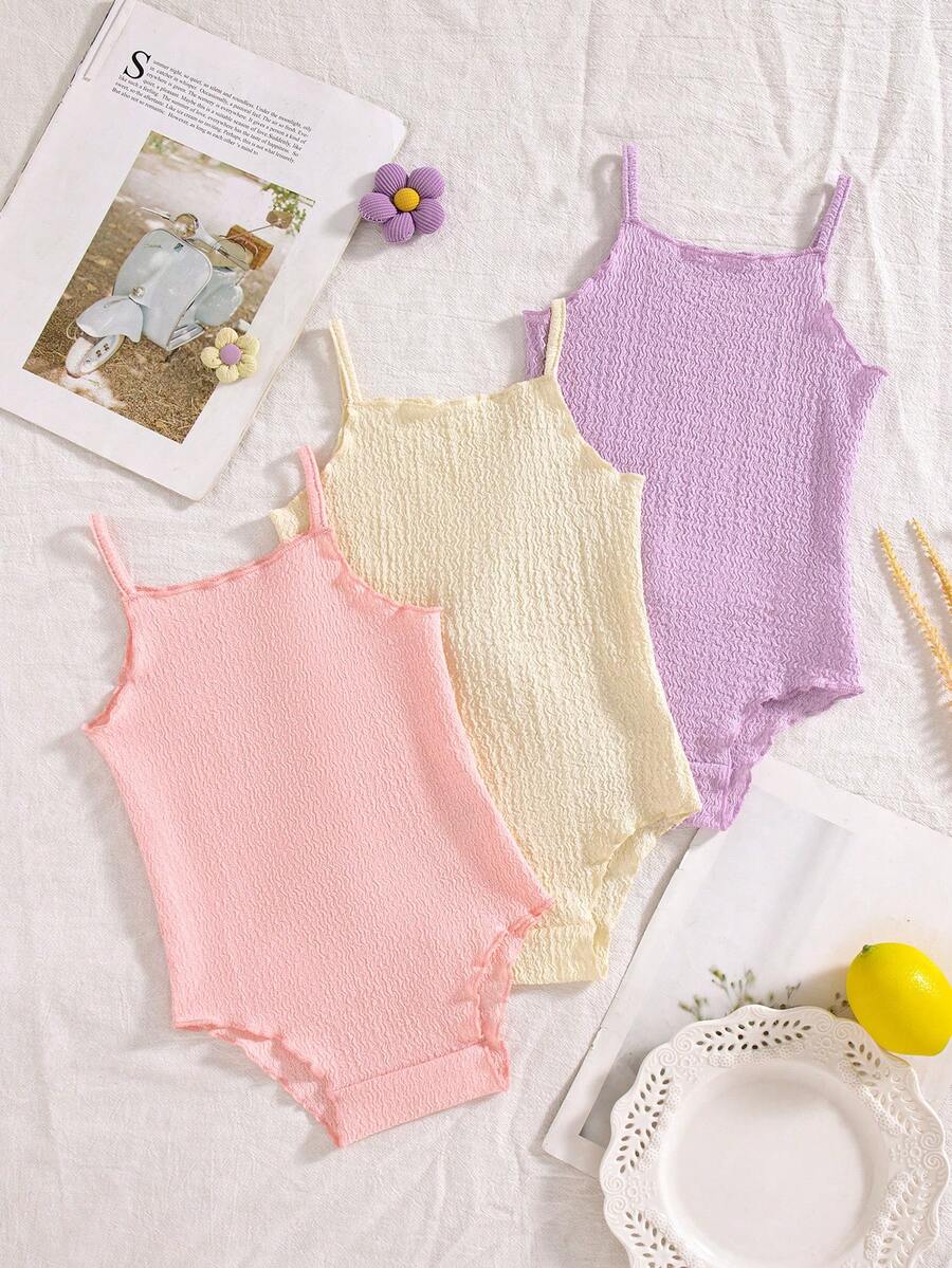 SHEIN Vintaside Kids Set de 3 piezas de bodis de punto de unicolor versátiles y cómodos para bebés recién nacidas, para primavera/verano - Multicolor - Ver 1