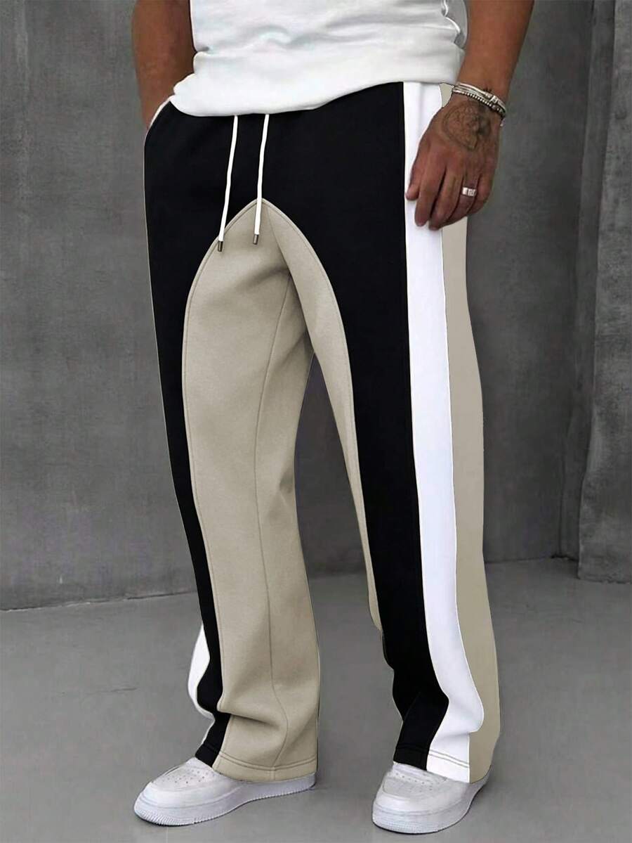 Manfinity EMRG Men's Drawstring Waist Colorblock Casual Versatile Daily Travel Sweatpants - Khaki - View 1