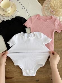 SHEIN 女嬰休閒簡約針織彈性素色開襠短袖連身衣 3件組 適合夏季 - 彩色 - 查看 4