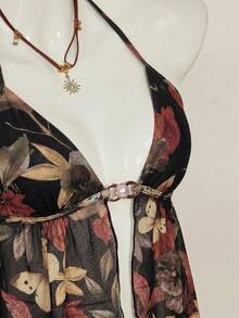 SHEIN ICON Y2K復古性感花卉印花掛脖露背背心，開衩下擺 - 彩色 - 查看 3