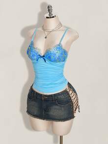 SHEIN ICON Top de tirantes Y2K con encaje de contraste y fruncido - Azul - Ver 5
