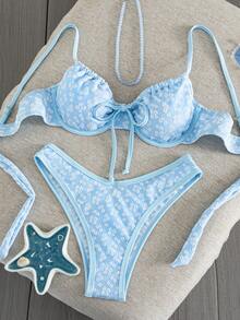 Swim Mod New Lemon Yellow Textured Bikini, Bow Knot Front, Underwire Support & High Leg Beach Swimwear - Blue - View 4