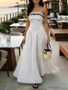 SHEIN PariChic Women's Woven White With Black Polka Dots Frill Trim Contrast Lace Elegant Tropical Vacation Summer Strapless Dress Vacation - Black and White - View 1