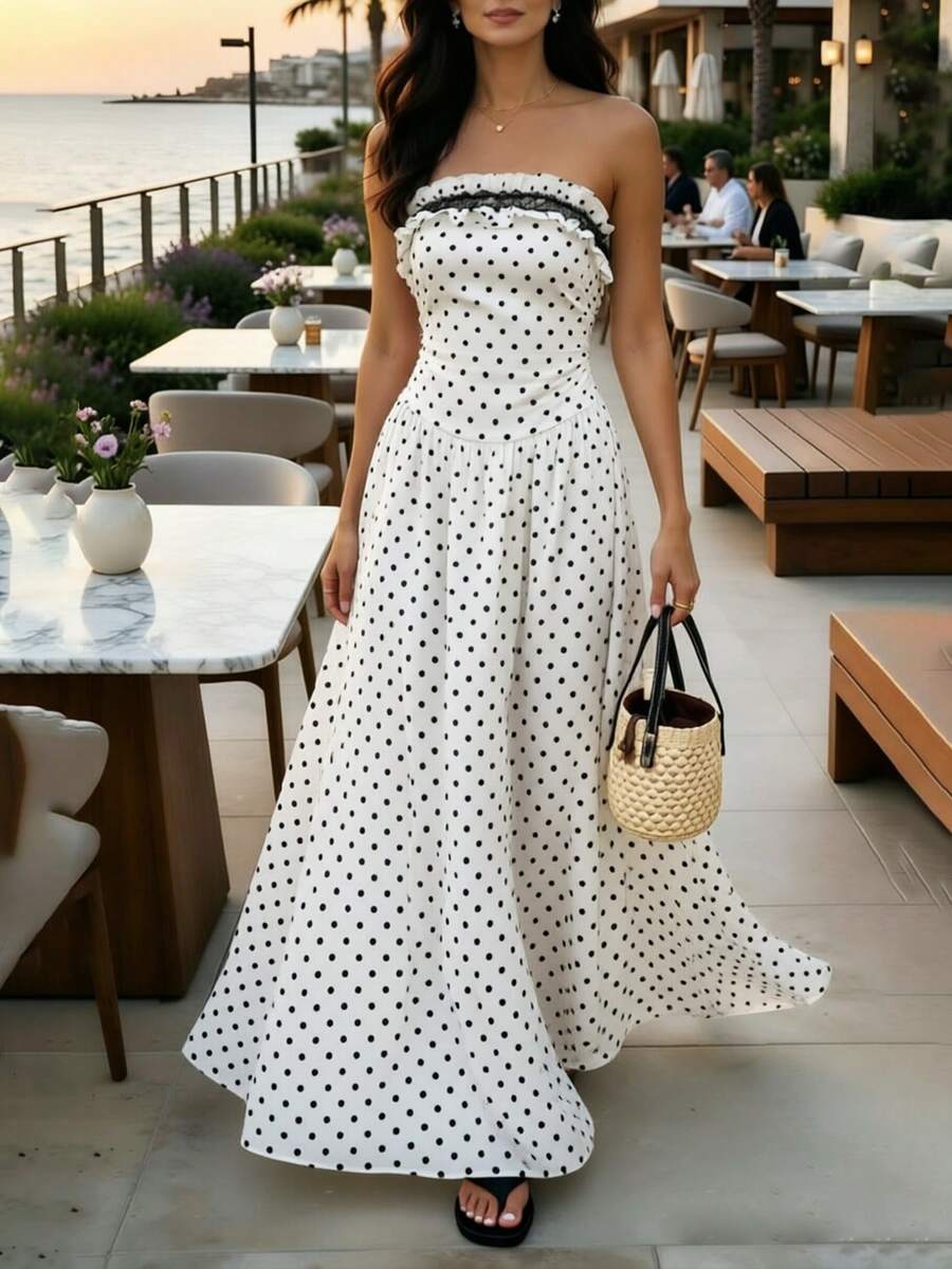 SHEIN PariChic Women's Woven White With Black Polka Dots Frill Trim Contrast Lace Elegant Tropical Vacation Summer Strapless Dress Vacation - Black and White - View 1