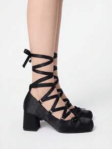 ROMWE Kawaii Minuet Mid Heel Satin Bowknot Ballet French Style Square Toe - Black - View 1