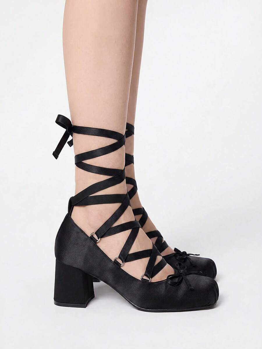ROMWE Kawaii Minuet Mid Heel Satin Bowknot Ballet French Style Square Toe - Black - View 1