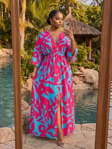 SHEIN Lady CURVE 大码休闲印花连衣裙 - 彩色 - 查看 1