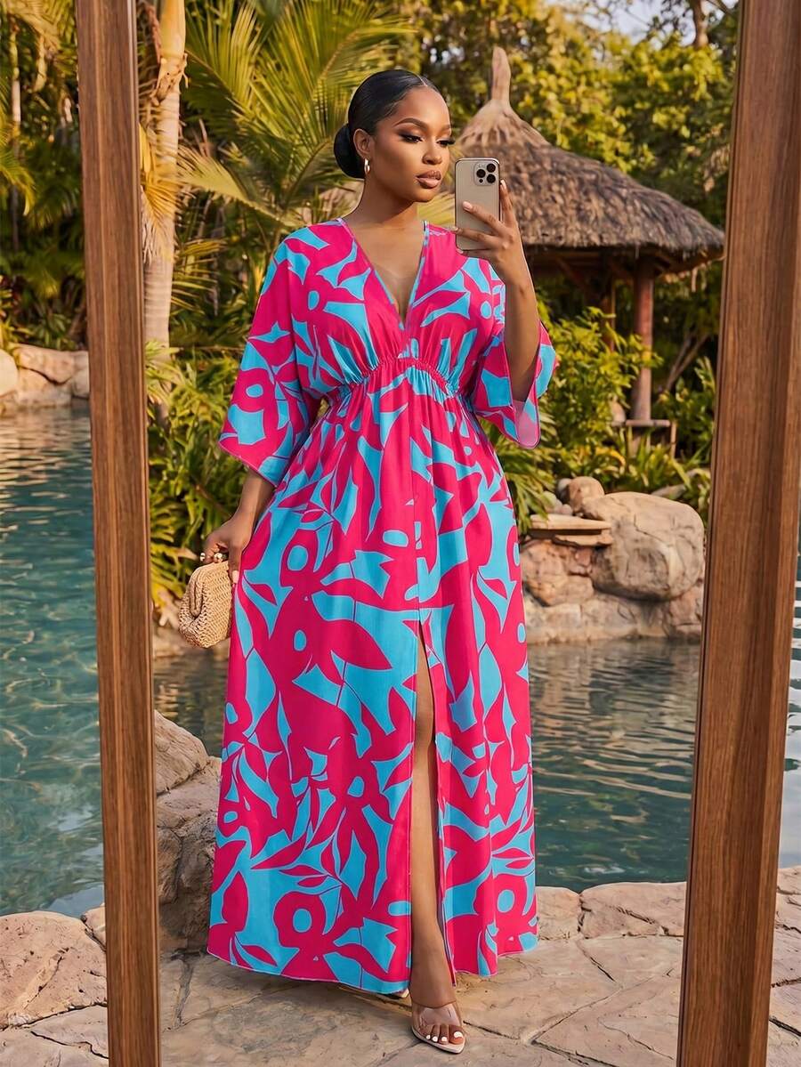 SHEIN Lady CURVE 大码休闲印花连衣裙 - 彩色 - 查看 1