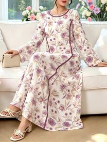 SHEIN Najma 復古端莊花卉枝條植物紫色蕾絲印花女款時尚V領長袖洋裝，白色優雅長裙，春夏服飾 - 彩色 - 查看 1