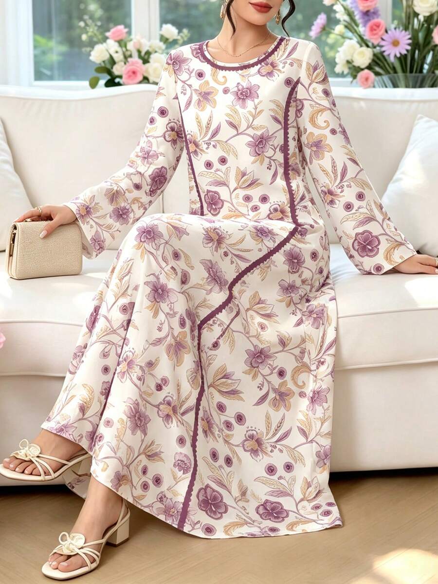 SHEIN Najma 復古端莊花卉枝條植物紫色蕾絲印花女款時尚V領長袖洋裝,白色優雅長裙,春夏服飾 - 彩色 - 查看 1